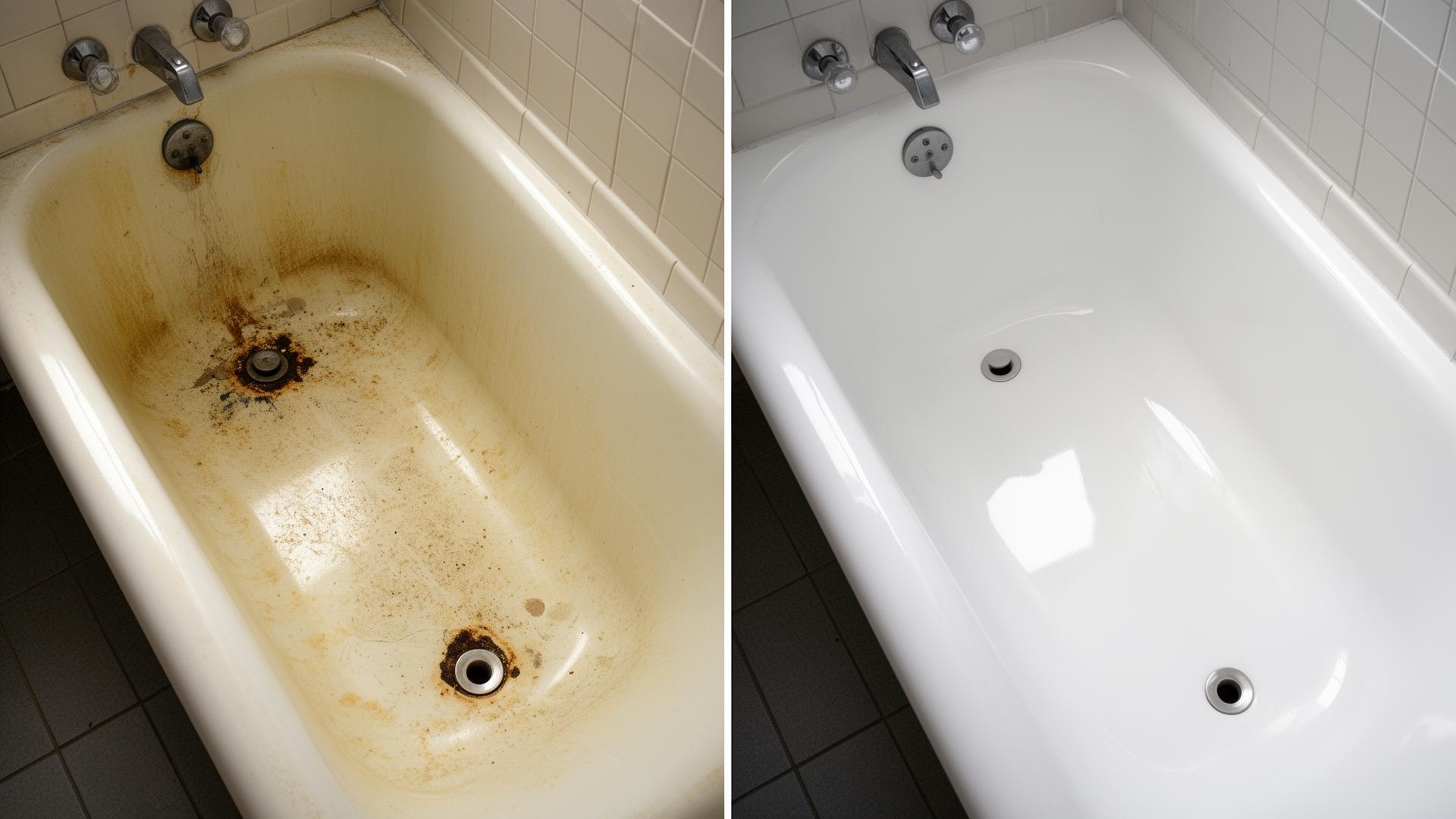 Before and after comparison of a stained bathtub restored to glossy white