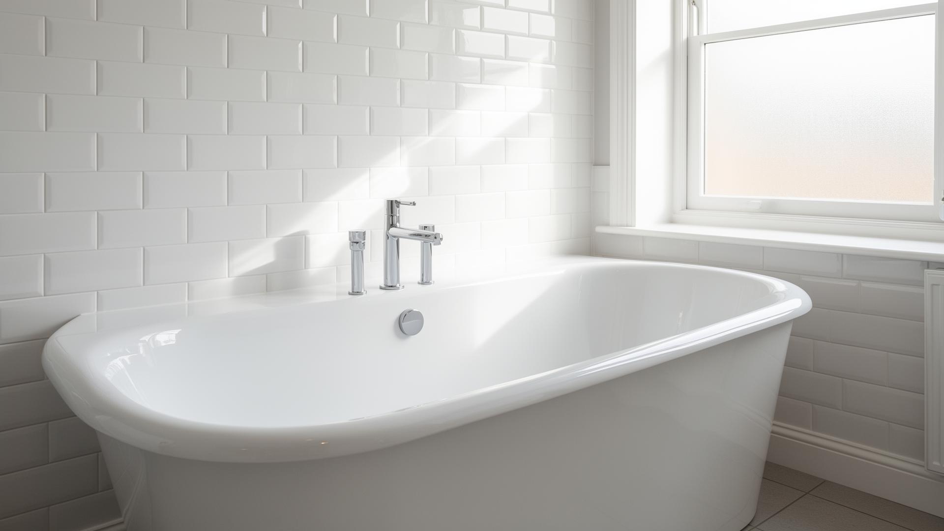 Freshly reglazed bright white bathtub in a sunlit bathroom